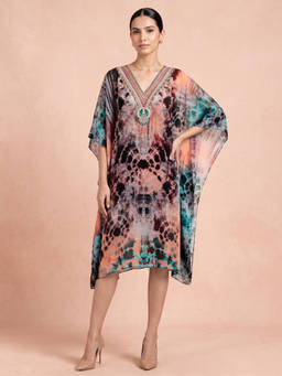 First Resort by Ramola Bachchan - Multicoloured Abstract Print Embellished Knee Length Kaftan