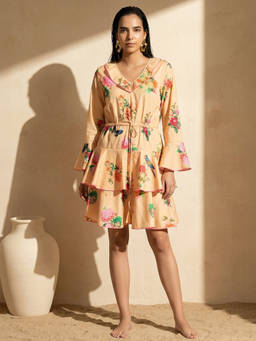 First Resort by Ramola Bachchan - Yellow Floral Frill A Line Mini Dress