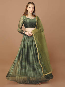 Amrutam Fab - Women Green Ombre Printed Lycra Unstitched Lehenga with Choli and Dupatta (Set of 3)