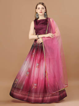 Amrutam Fab - Women Pink Ombre Printed Lycra Unstitched Lehenga with Choli and Dupatta (Set of 3)