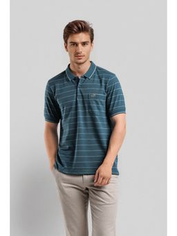 Crocodile - Men Teal Cotton Stripes Comfortable Fit Polo T-Shirt