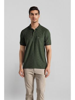 Crocodile - Men Green Cotton Self Design Slim Fit Polo T-Shirt