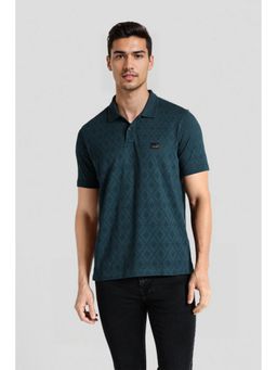 Crocodile - Men Blue Cotton Self Design Slim Fit Polo T-Shirt