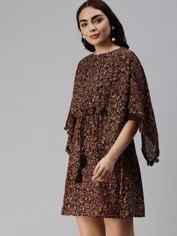 SHOWOFF - Women Brown Floral Boat Neck Dress