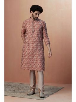 Manyavar - Blended Cotton Rust Printed Mandarin Collar Kurta with Pencil Pajama (Set of 2)