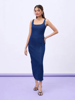 MIXT by Nykaa Fashion - Blue Solid Strappy Bodycon Fit Denim Maxi Dress