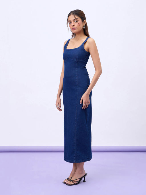 Buy MIXT by Nykaa Fashion Blue Solid Strappy Bodycon Fit Denim Maxi Dress Online Buy MIXT by Nykaa Fashion Blue Solid Strappy Bodycon Fit Denim Maxi Dress Online