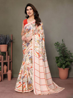 Odette - Cream Khadi Printed Saree with Unstitched Blouse