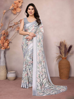 Odette - Grey Satin Printed Saree with Unstitched Blouse