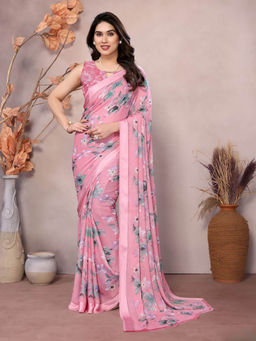 Odette - Pink Satin Printed Saree with Unstitched Blouse