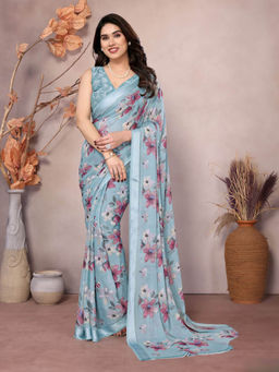 Odette - Light Blue Satin Printed Saree with Unstitched Blouse