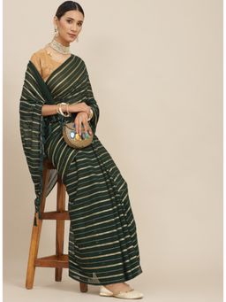 ISHIN - Green Striped Saree with Unstitched Blouse