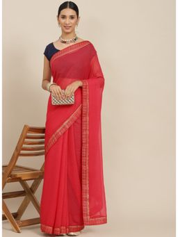 ISHIN - Pink Solid Zari Border Saree with Unstitched Blouse