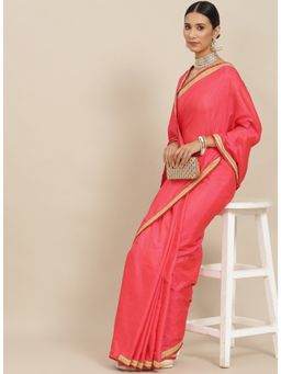 ISHIN - Pink Satin Embellished Saree with Unstitched Blouse