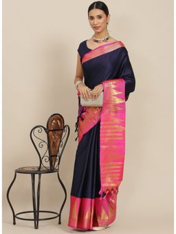 ISHIN - Navy Blue Solid Zari Saree with Unstitched Blouse