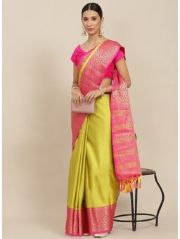 ISHIN - Green Solid Zari Border Saree with Unstitched Blouse