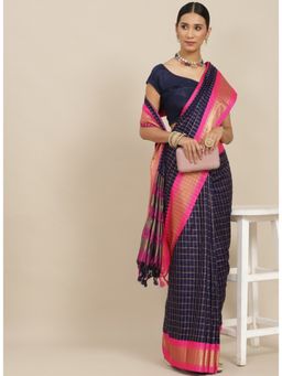 ISHIN - Navy Blue and Pink Checked Zari Silk Cotton Saree with Unstitched Blouse