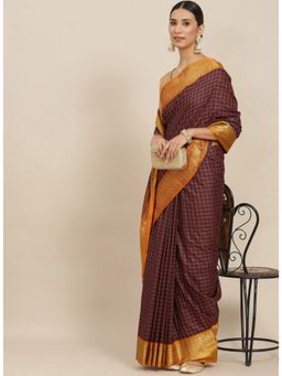 ISHIN - Maroon and Yellow Checked Zari Silk Cotton Saree with Unstitched Blouse