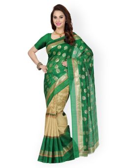 ISHIN - Green and Beige Printed Bhagalpuri Art Silk Traditional Saree with Unstitched Blouse