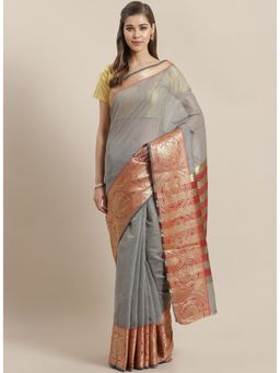 ISHIN - Grey and Gold-Toned Zari Kota Saree with Unstitched Blouse