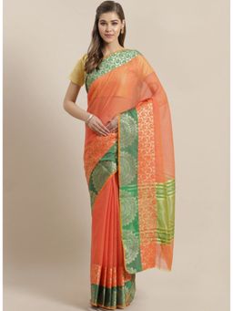 ISHIN - Orange and Gold-Toned Zari Kota Saree with Unstitched Blouse