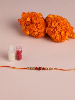 Niscka - Traditional Red Golden Beads and Rud Raksha Thread Rakhi with Roli Chawal