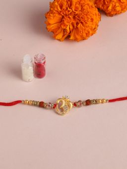 Niscka - 18K Gold Plated Cz Om Rakhi with Chandan and Rudras Beads