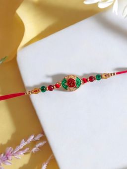 Accessher - Multi Menakari Om-Aum Rakhi Gifting with Roli Kumkum Packets & Raksha Bandhan Card
