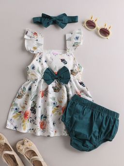 Hopscotch - Girls Green Floral Print Overall and Dress Set