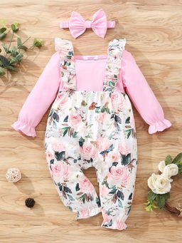 Hopscotch - Girls Pink Floral Print Full-Sleeve Footie