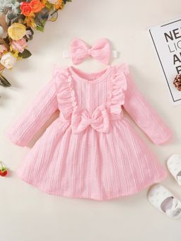 Hopscotch - Girls Pink Bow Applique Full-Sleeve Casual Dress with Headband