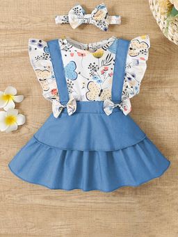 Hopscotch - Girls Blue And White Graphic Print Casual Dress with Headband-Set of 2