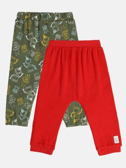 Hopscotch - Boys Olive and Red Robot Print Cotton Pants - Pack of 2