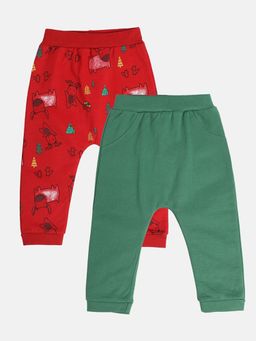 Hopscotch - Boys Red and Green Animal Print Cotton Pants - Pack of 2