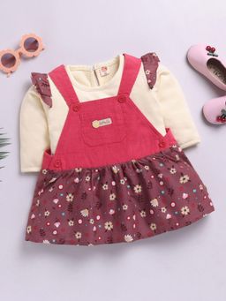 Hopscotch - Girls Brown and Yellow Floral Print Full-Sleeve Casual Dress with T-Shirt