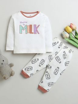 Hopscotch - Girls White Milk Print Cotton T-Shirt and Pyjama Sleepwear Set