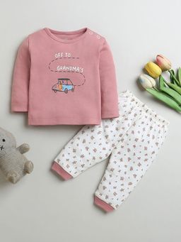 Hopscotch - Girls Pink and White Floral Print Cotton T-Shirt and Pyjama Sleepwear Set