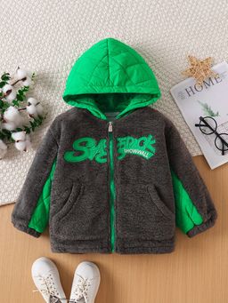 Hopscotch - Boys Grey and Green Text Embroidered Hooded Fleece Jacket