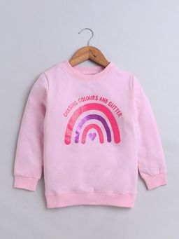 Hopscotch - Girls Pink Glitter and Sheen Text Print Cotton Full-Sleeve Sweatshirt