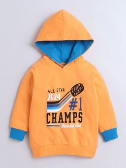 Hopscotch - Boys Orange and Blue Text Print Cotton Hooded Full-Sleeve Sweatshirt