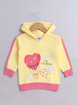 Hopscotch - Girls Yellow and Pink Heart Print Cotton Hooded Full-Sleeve Sweatshirt