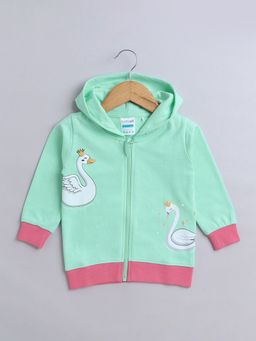 Hopscotch - Girls Mint and Pink Swan Print Cotton Hooded Full-Sleeve Sweatshirt