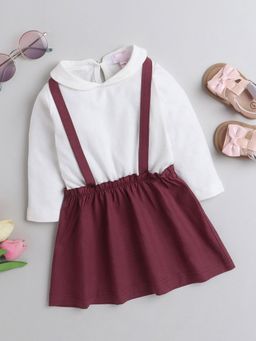 Hopscotch - Girls White and Maroon Full-Sleeve Solid Casual Dress