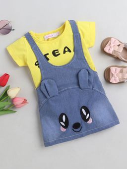 Hopscotch - Girls Blue Animal Applique Pinafore Dress with Yellow Text Print T-Shirt