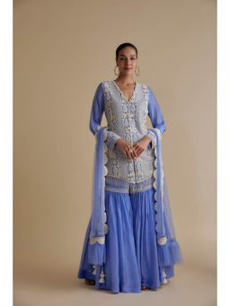 KEITH GOMES - Blue Sequin And Mirror Embroidered Tunic Sharara & Dupatta (Set of 3)