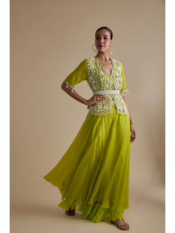 KEITH GOMES - Green Bead Mirror Embroidered Peplum Top & Palazzo (Set of 3)