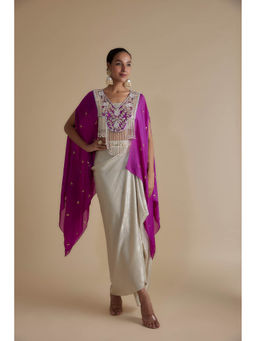 KEITH GOMES - Purple And Ivory Bead Mirror Embroidered Tassel Cape & Skirt (Set of 3)
