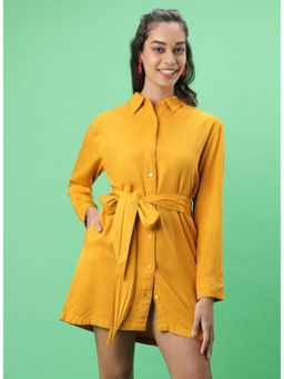Freehand - Women Mustard Solid Dress with Belt (Set of 2)