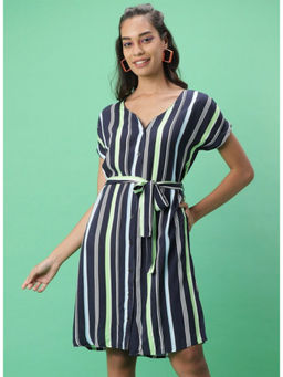 Freehand - Women Navy Blue Straight Fit Striped Dress with Belt (Set of 2)