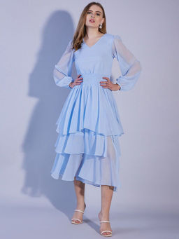 Freehand - Women Blue Fit Flared Solid Tiered Dress